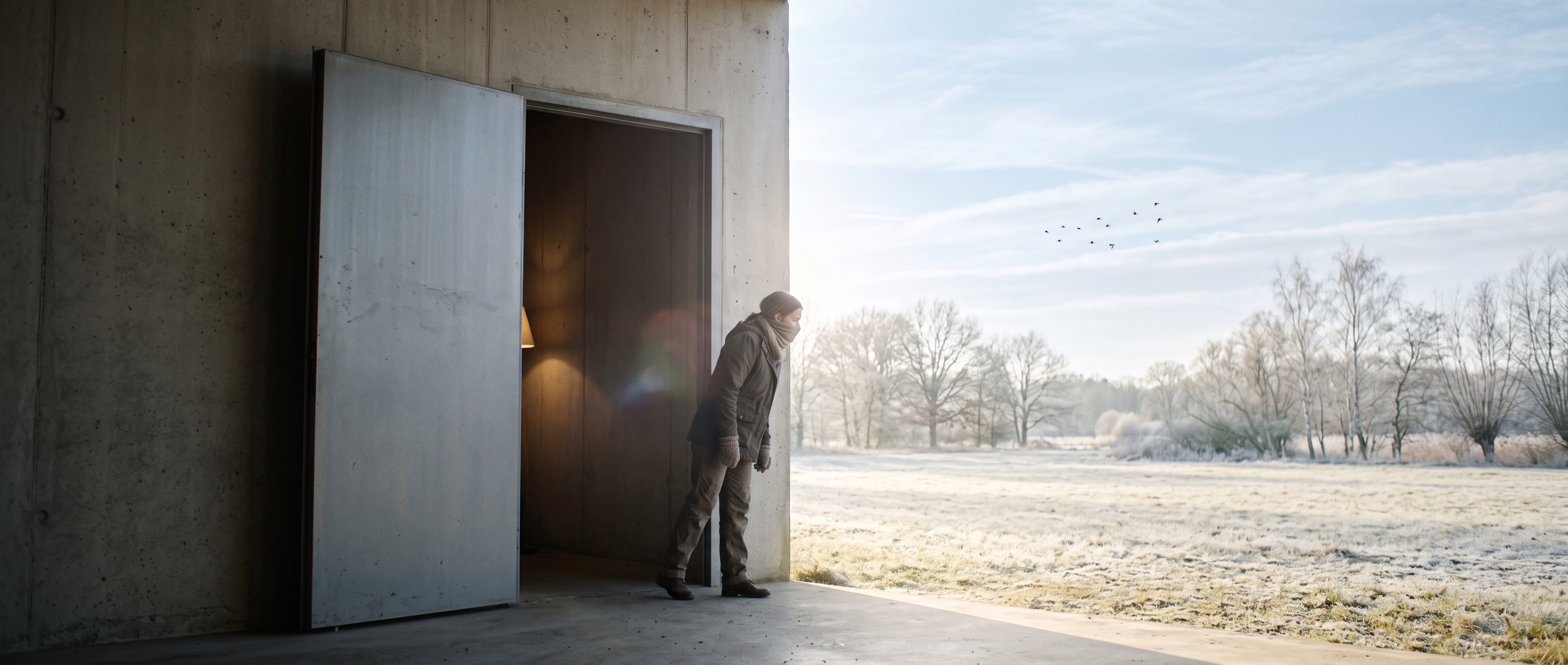 A figure steps out of a concrete bunker doorway into a frosted winter field under a bird-streaked sky — Beyond the Metal Doors