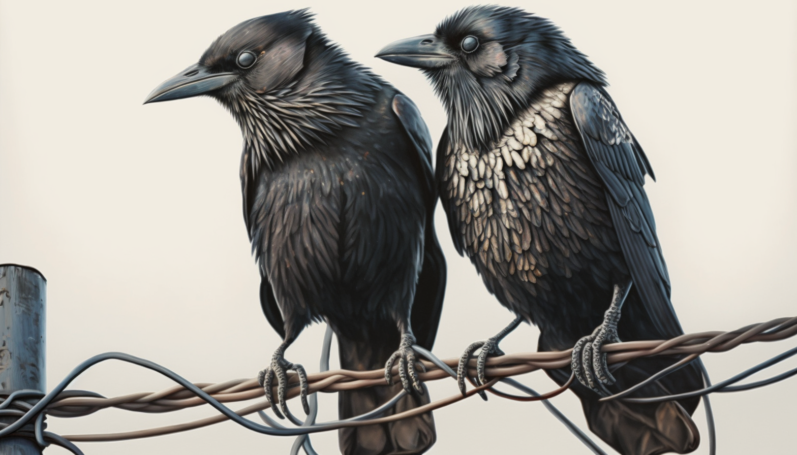 Two crows perched together on a tangle of wires — Crow's Feet