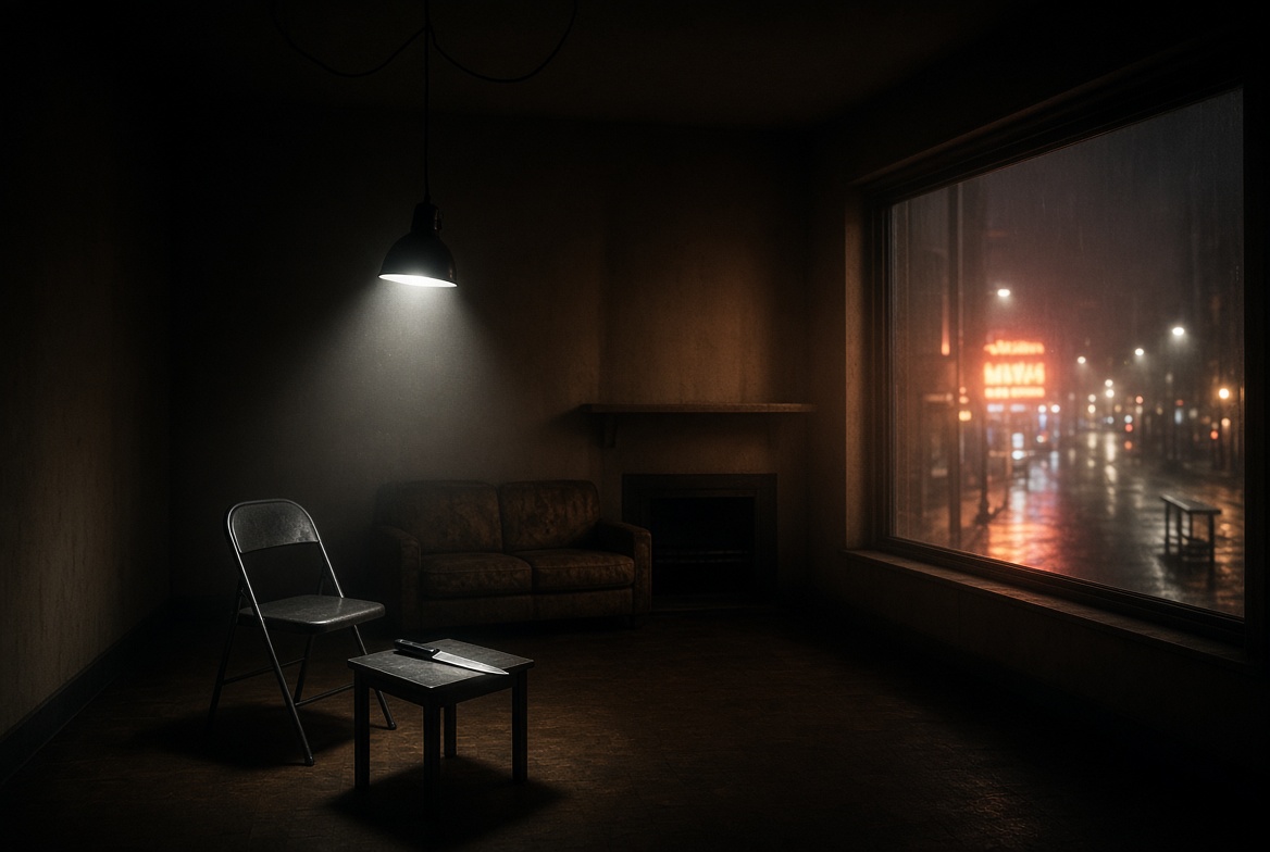 A dim, empty room with a folding chair, a couch, and a knife on a table beside a rain-streaked window — My Worst First Date